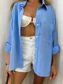 Camisa Oversize de Mujer Rosa Pastel con Rayas Blancas Verticales, Manga Larga con Corte Hombros Caídos, Cuello Puntiagudo con Bolsillo Frontal y Cierre de Botones, Diseño Holgado y Fresco de Lino, Estilo Casual y Versátil para Verano, Playa, Vacaciones y Uso Diario - Azul - Ver 3