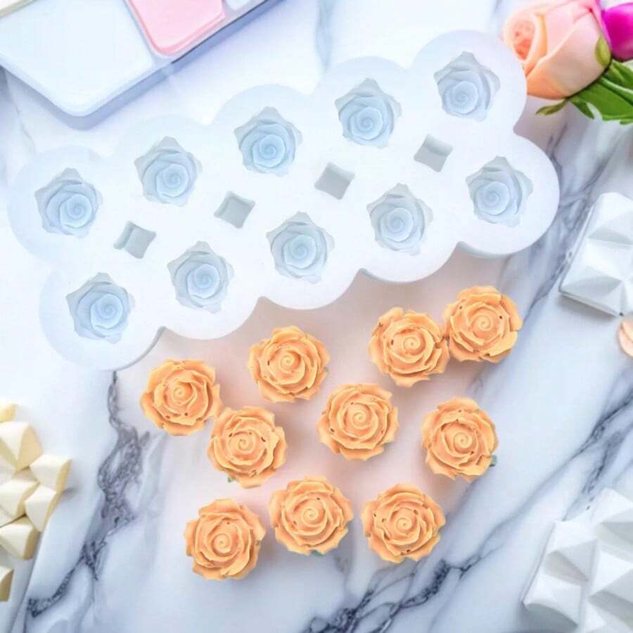 1 khuôn silicon hình hoa hồng để làm sô cô la, dụng cụ làm bánh 10 ngăn, khuôn làm nến thơm, khuôn làm bánh fondant. - 10 bông hoa - Xem 1