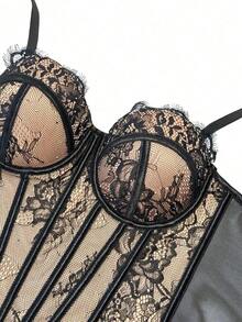 Corsé de encaje negro con adorno floral, prenda moldeadora casual de verano para mujer - Negro 3 - Ver 5