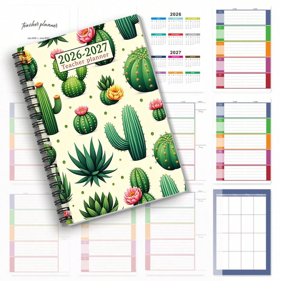 DANPERJI 1 pieza Planificador de maestro personalizado sin fecha de 5.5x8.3 pulgadas 2026-2027 | Regalo | Diseño floral, con calendario de tres años, registro de contraseñas, adecuado para cuaderno de maestros - cactus - Ver 1