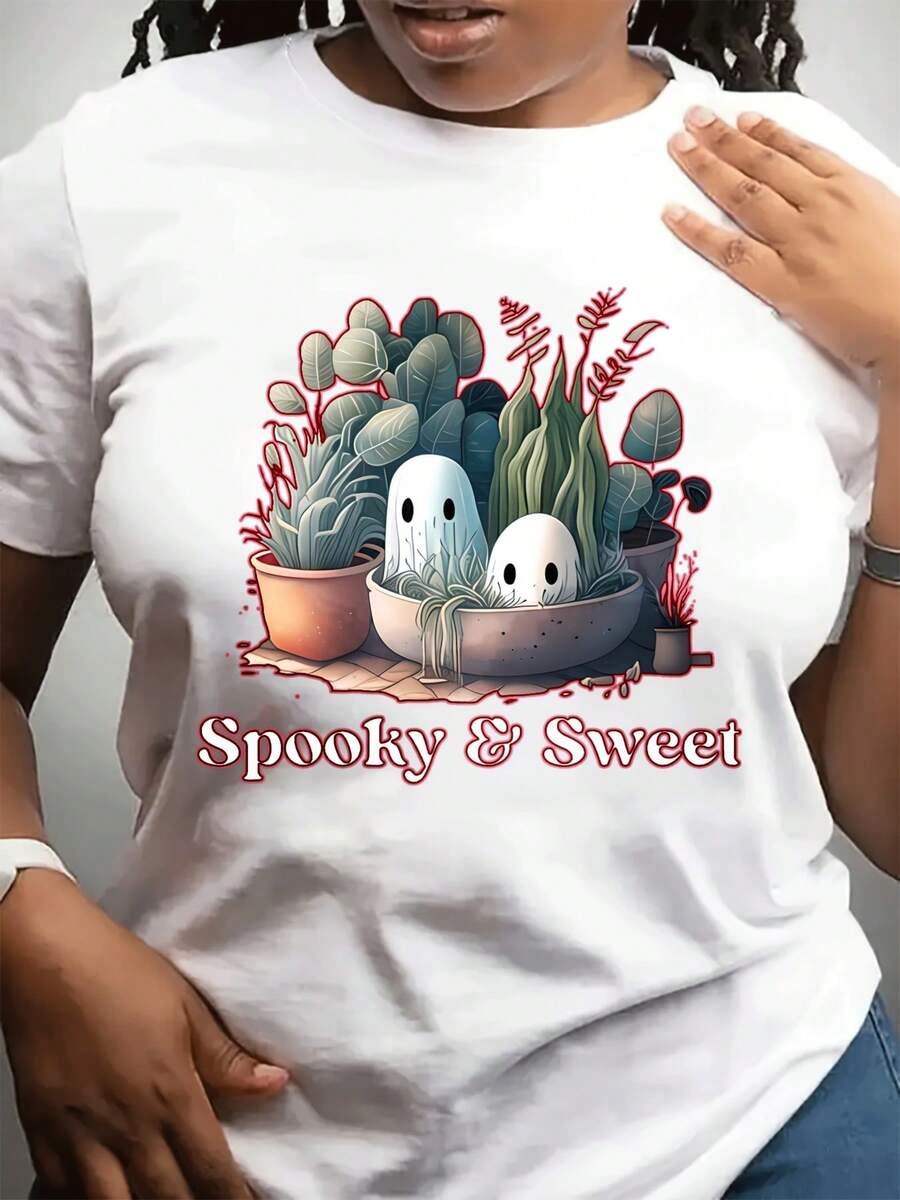 Camiseta casual de moda de cuello redondo de las señoras | Sved corto, patrón de planta fantasma, atmósfera festiva, yo para Dailpor y regalos