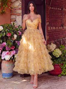 Faeriesty Đầm midi xếp tầng cổ tim trễ vai thanh lịch - Lý tưởng cho các buổi hẹn hò tối, chụp ảnh chân dung, ăn tối, các dịp trang trọng, kỳ nghỉ, tiệc cưới. - Màu vàng - Xem 4