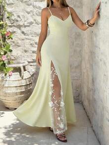 Vestido Longo Lili House Feminino com Decote em V, Alças Finas, Bodycon, Renda, Fenda e Decoração Floral 3D em Amarelo Manteiga, Elegante, Romântico e Sexy para Primavera/Verão, Convidado de Casamento, Brunch, Festa no Jardim, Festa de Coquetel - Luz amarela - Visão 10