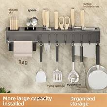 Estante de almacenamiento multifuncional montado en la pared para cocina, con soportes y ganchos, jaula para palillos, soporte para cuchillos de cocina integrado - Gris 40 cm - Ver 3