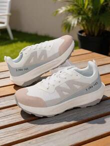 1 Paar Damen Weiß & Grau Farbblock Mesh Sneaker, Schnürung, bequeme & vielseitige Lässig Schuhe - Beige - Übersicht 2