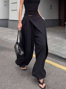 Pantalones anchos de traje para mujer, de cintura alta, estilo gótico japonés, sueltos y asimétricos, de largo, de moda casual de calle, de unicolor, de tela tejida, con cierre de botón, adecuados para la escuela, la oficina, el uso diario, el aeropuerto, primavera/verano - Negro - Ver 1