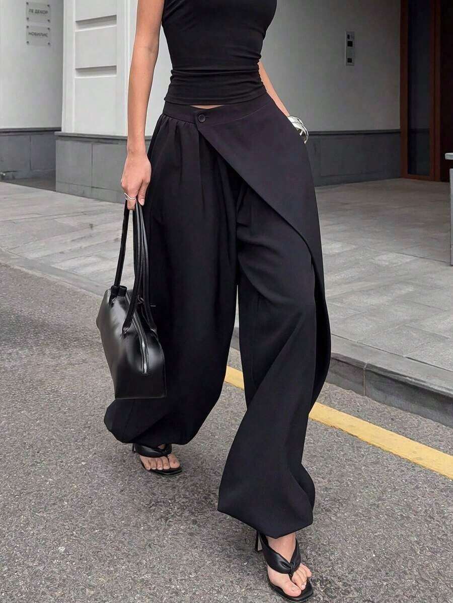 Pantalones anchos de traje para mujer, de cintura alta, estilo gótico japonés, sueltos y asimétricos, de largo, de moda casual de calle, de unicolor, de tela tejida, con cierre de botón, adecuados para la escuela, la oficina, el uso diario, el aeropuerto, primavera/verano - Negro - Ver 1