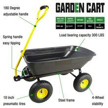 Folding Poly Garden Dump Cart With Steel Frame, 10" Pneumatic Tires, 300 Lbs Weight Capacity, 55L Large Capacity Heavy Duty Utility Wagon For Yard Lawn Outdoor - 黑色 - 查看 9
