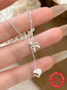 GAGAFEEL 1 chiếc vòng cổ bạc S925 thời trang & đa năng hình trái tim và nơ, dây rút điều chỉnh được, vòng cổ choker thanh lịch, quà tặng Ngày của Mẹ - Bạc - Xem 2