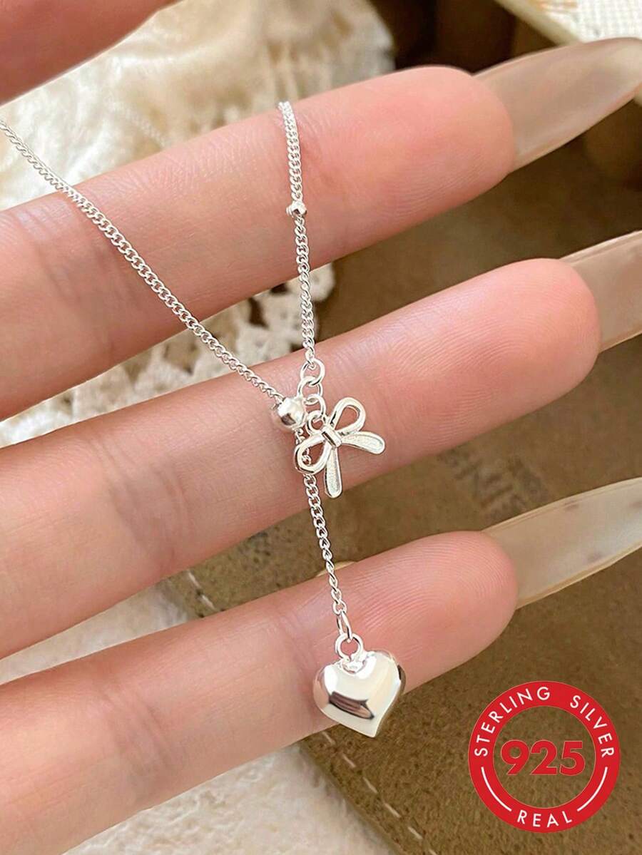 GAGAFEEL 1 chiếc vòng cổ bạc S925 thời trang & đa năng hình trái tim và nơ, dây rút điều chỉnh được, vòng cổ choker thanh lịch, quà tặng Ngày của Mẹ