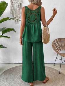 Conjunto de top sin mangas y pantalones de pierna ancha con parte posterior de malla de encaje para mujer, color albaricoque, para primavera/verano - Verde Oscuro - Ver 2