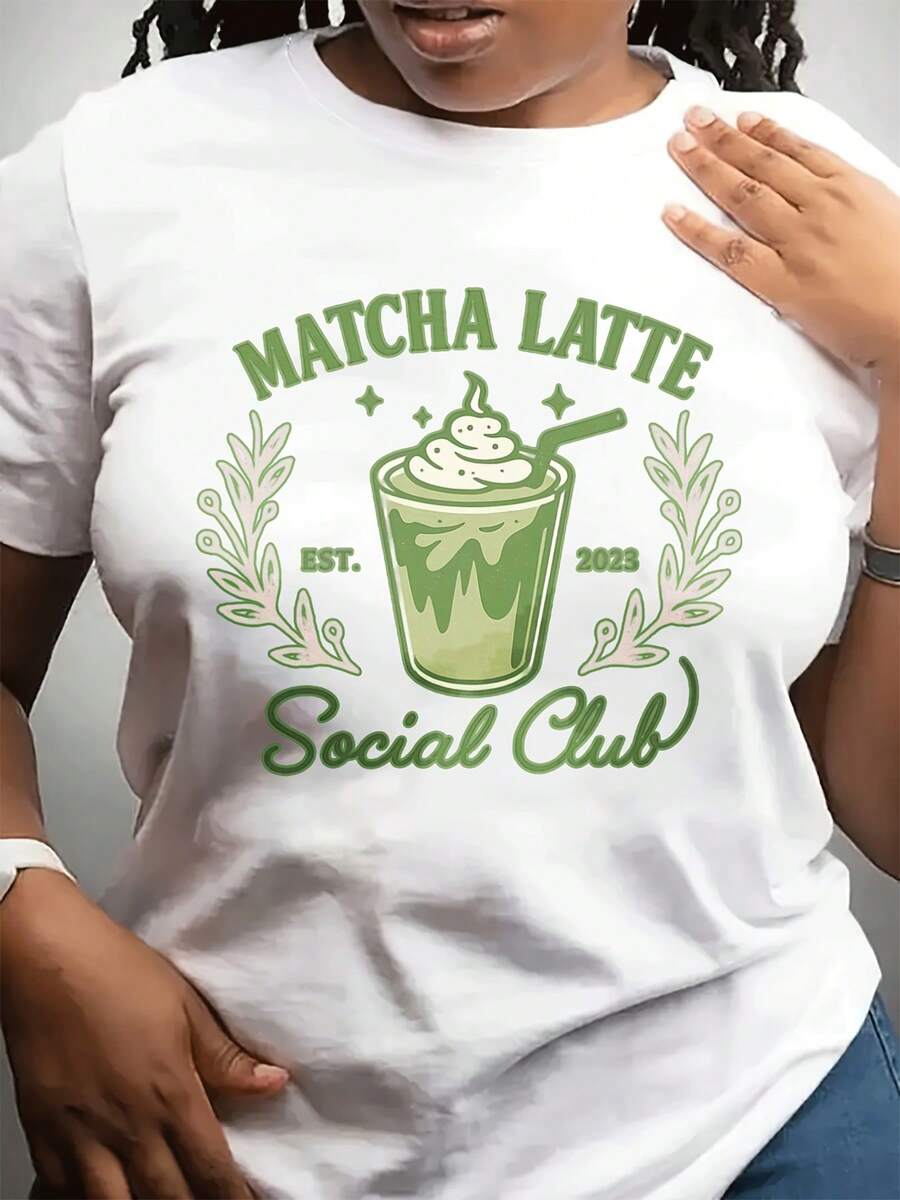 Camiseta casual de moda de cuello redondo de las señoras corto Sved Top se puede usar para Dailpor. Destacados Imprimir Matcha Latte Diseño de Club Social Adecuado para Amigos y Familia Gif