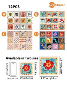 SUPSTICKER 12片复古花卉瓷砖图案波西米亚风格自粘墙贴，PVC材质，易撕易贴，防水、防油、防污、易清洁，可DIY组合，适用于厨房、浴室、台面、橱柜、墙面装饰翻新，尺寸为5.19*5.19英寸/7.87*7.87英寸 - 彩色 - 查看 3