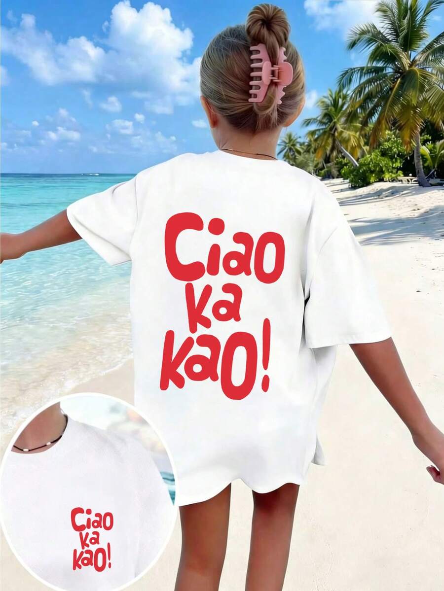 青少年女孩度假風印花T恤,適合旅行與度假穿著,時尚春夏休閒百搭上衣 - 白色 - 查看 1