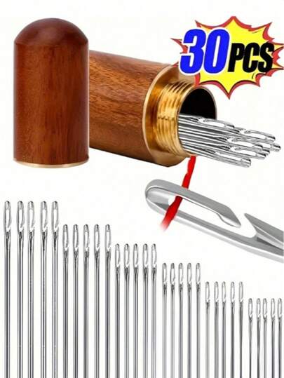 30pcs/Set Sewing Needle Threader Kit, Automatic Needle Threader, Embroidery Needle Threader, Rosewood & Wooden Needle Holders, Suitable For Elderly Or Visually Impaired For Sewing & Crocheting. Valentine's Day Gift, Storage Box