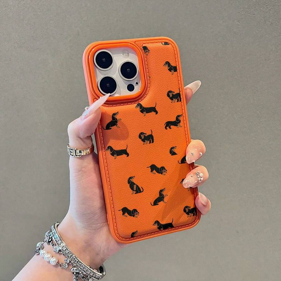 1pc Cute Sausage Dog Pattern Orange Lizard Texture Matte Full Coverage Lens Protection TPU Shockproof Fashion Phone Case Compatible With IPhone 11 12 13 14 15 16 17 Pro Max/Plus, Anti-Fingerprint Protective Cover - Multicolor - View 1