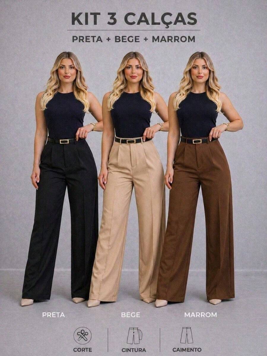 Set Of 3 Women's Tailored Trousers With Belt - Black-beige-caramel - View 1