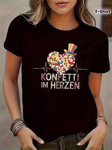 Camiseta de moda con estampado estilo corazón - Negro - Ver 2