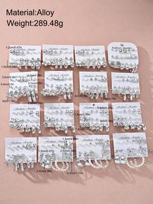 36 pièces Ensemble de boucles d'oreilles à la mode en argent léger en CCB, fleurs à 5 pétales lisses, gouttes d'eau, papillons, formes géométriques en C, cœurs enveloppés, faux perles, étoiles de mer. Convient pour le port quotidien des femmes, cadeau idéal pour les amis et la famille (styles aléatoires) - Argent - Voir 6
