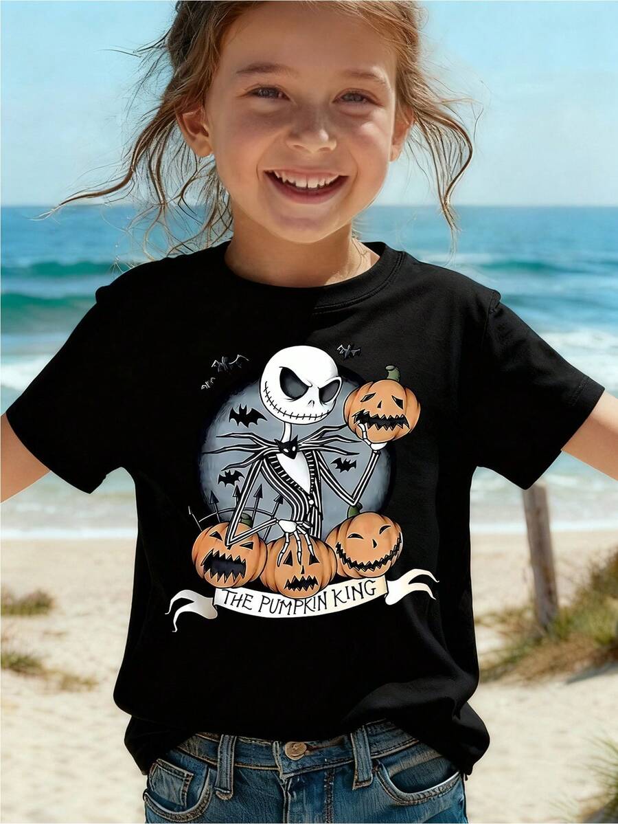Short-Sleeved T-Shirt With Round Neck, Featuring A Halloween Pumpkin, Skeleton King, Jack, Ghost And Bat Print, Officially Licensed, Suitable For Boys And Girls, Perfect For Casual Parties And Everyday Wear, A Must-Have For Holidays And Travel, Unisex For Children. - 黑色 - 查看 1