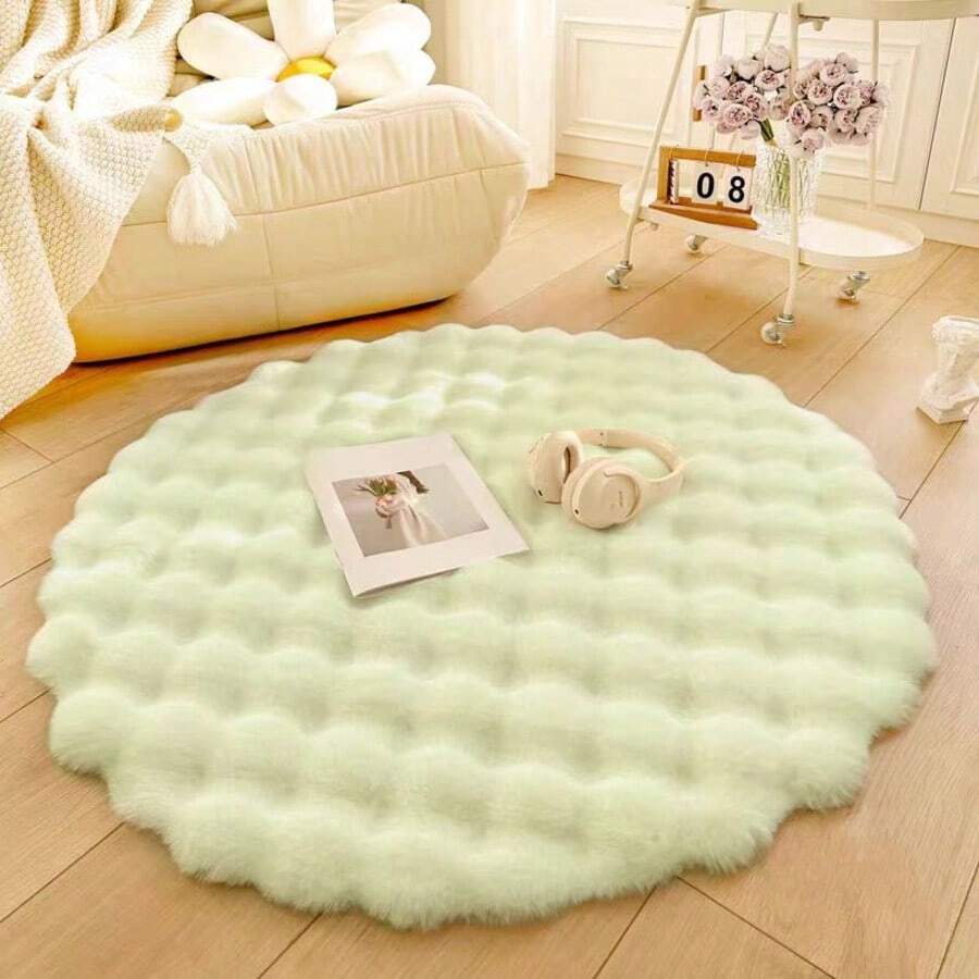 1pc Premium Matcha Green Long Plush Round Carpet, Fluffy Shaggy Rug - Soft Faux Fur Plush Carpet - Non-Slip Furry Indoor Washable Durable Rectangular Large Rug For Living Room Bedroom - Pastel Green - View 1