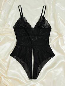 Plus Size Women Lace Patchwork Sexy Lingerie Bodysuit - Black - View 5
