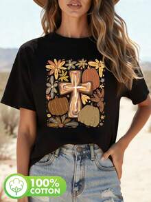Christian Jesus Wildflower Pumpkin Autumn Leaves Print T-Shirt, Short Sleeve Crew Neck Casual Top For Summer And Spring, Women's Clothing - 黑色 - 查看 1