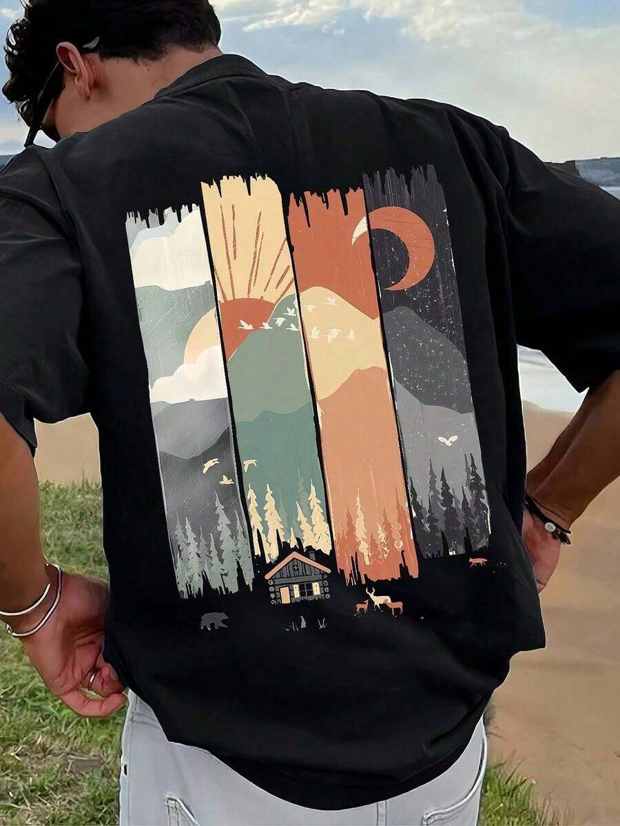 Men's Loose-Fitting Short-Sleeved Graphic Print T-Shirt, Beach And Summer Wear - Black - View 1