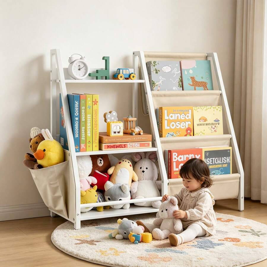 3-Tier Kids Bookshelf, Toy Storage Organizer For Toddler, Book Shelf For Kids Rooms With Sling Book Rack And Storage Bag, Kids Storage Book Shelves For Kids Room, Playroom, Kindergarten, Nursery - Rack + Bag Metal 31-40inch White - View 1