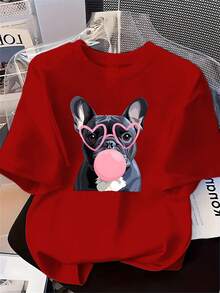 Plus Size, Women's Summer New Arrival T-Shirt With Short Sleeves, Featuring A Cartoon Print Of A -Gray French Bulldog Wearing Pink Heart-Shaped - 紅色 - 查看 6