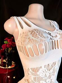 Vestido ajustado de encaje sexy con diseño calado, ajustado y transparente con flecos, adecuado para fiestas en discotecas - Blanco - Ver 4