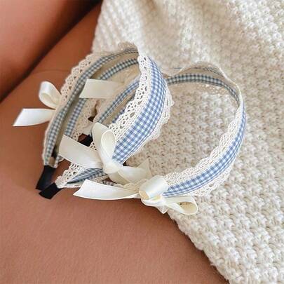 Women's Blue Plaid Cute White Lace Bow Headband, Versatile Hair Accessory Suitable For Daily Wear, Home, School, Beach, Work, Party, Holiday, Can Be Used As Birthday, Back To School, New Year, Valentine's Day, Mother's Day, Christmas Gift, Matching Striped Polyester Outfit For Wedding Season, Music Festival, Graduation, Spring/Summer