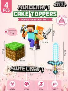 Minecraft 4/5/12/24pcs Cake Decorations Picks, Robot Building Block Pixel Green Theme Dessert Table Decor - Multicolor - View 11