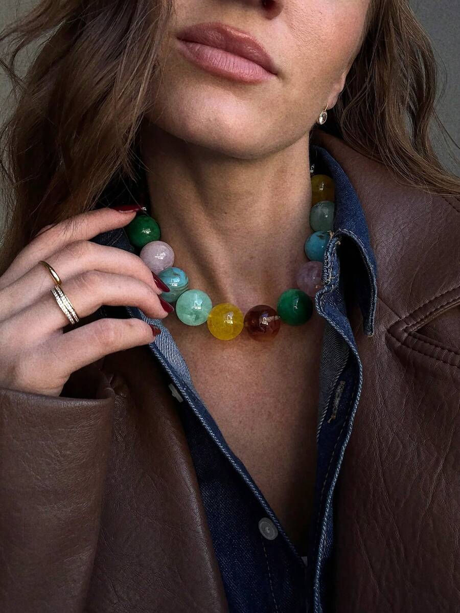 1pc Bohemian Style Colorful Beaded Round Geometric Necklace, Stainless Steel & 18K Gold Plated Accessories, Suitable For Summer Beach Vacation - Stainless Steel Handmade Beaded Necklace - View 1