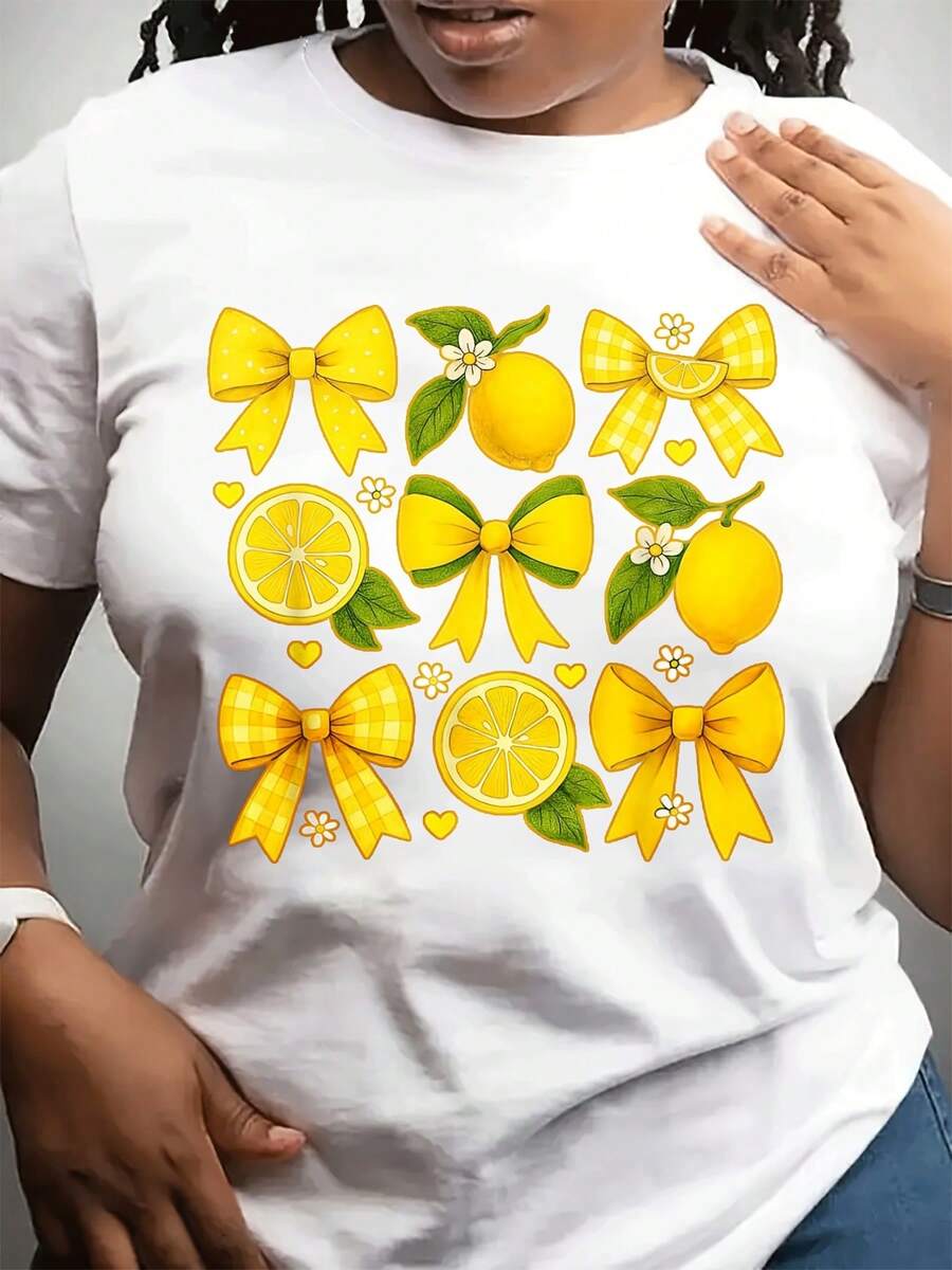 Camiseta casual para mujer con estampado floral amarillo con arco de limón | Desgaste de verano, cuello de tripulación, corto Sve, tejido estirable ligero, cómodo