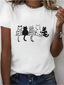 Camiseta de impresión "Cinco gatitos lindos" de las mujeres - suave, transpirable, hine lavable, casual corto Sve crew top para primavera / verano, blanco con siluetas de gato negro, perfecto para el traje casual, camiseta diaria | Playful Graphic Tee | tela transpirable - Blanco - Ver 2