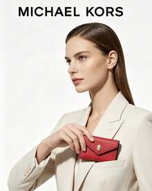Michael Kors Ví cầm tay nhỏ MK, ví da có nắp gập, ví đựng tiền xu - Đỏ - Xem 2