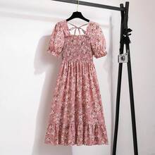 Primavera Verano Vestidos de gasa moda femenina cintura elástica manga corta plisado vestido Casual mujeres A-line Vestidos - apertura - Ver 5