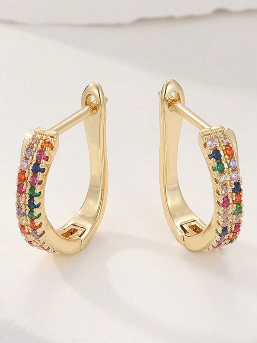 Style vintage élégant, boucles d'oreilles en alliage de cuivre de petite taille avec pierres synthétiques en zircone multicolores. Conception à la mode pour femmes, avec des pierres synthétiques en zircone multicolores sertie. Convient pour un usage quotidien, les vacances et diverses occasions - Multicolore - Voir 1