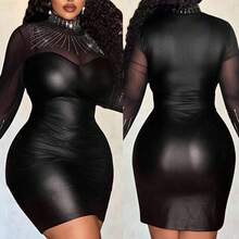 Veslaya Plus Size Women Turtleneck Mesh Patchwork Rhinestone Embellished Long Sleeve Party Dress - Negro - Ver 9