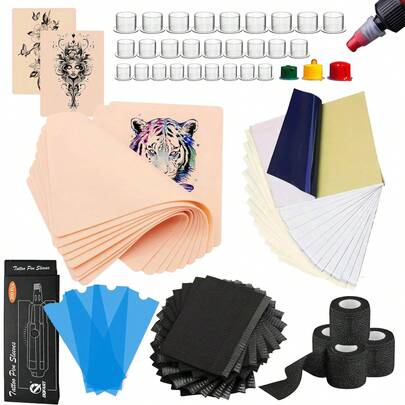 Bộ dụng cụ thực hành xăm hình 554 món dành cho người mới bắt đầu - Bộ phụ kiện xăm hình, bộ dụng cụ đào tạo chuyên nghiệp, bao gồm 10 tấm da giả thực tế, 20 giấy chuyển hình, 300 nắp mực, 4 cuộn băng dính và 20 khăn trải bàn, phù hợp cho người mới bắt đầu và những người đam mê xăm hình.