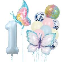 10件組蝴蝶主題生日氣球套組，藍色1-9數字鋁箔氣球，粉色與藍色亮片乳膠氣球，適合蝴蝶主題生日派對與嬰兒洗禮裝飾 - 蝴蝶氣球套裝 - 查看 2