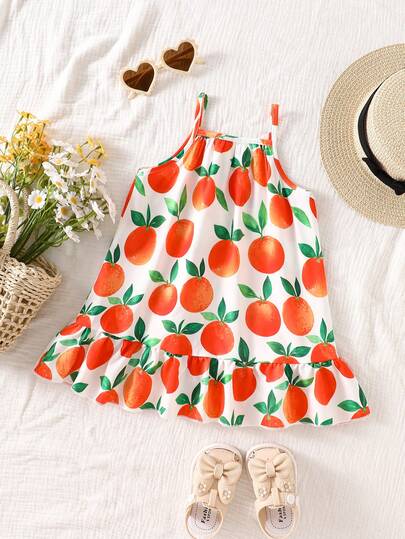 0-3 Years Old Toddler Girls' Sleeveless Fruit Print Summer Casual Sundress, Soft & Comfortable Princess Dress For Outdoor/Beach