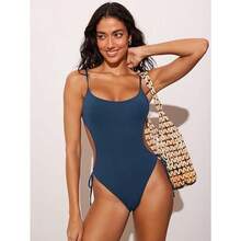 Women's Side Cutout Lace-Up One Piece Swimsuit, Scoop Neck Spaghetti Strap Monokini With Tie Side, High Cut Cheeky Bathing Suit, Tummy Control Swimwear For Summer Beach & Pool - 酒紅色2683-4 - 查看 7