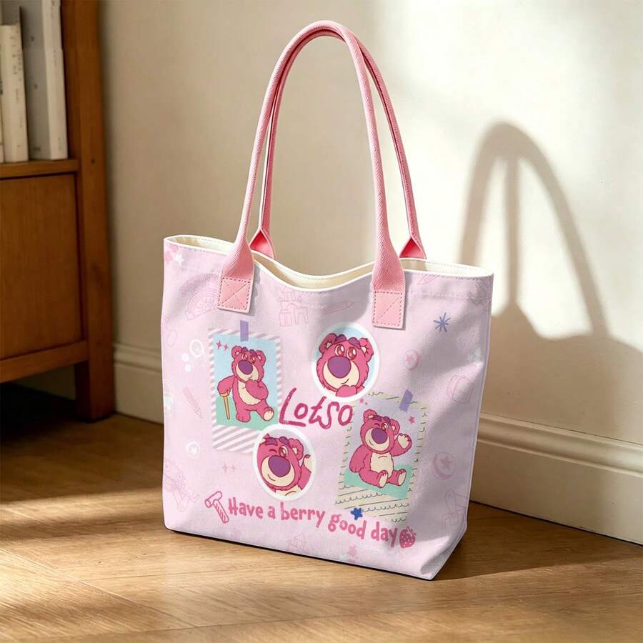 Disney Pixar Toy Story Lotso Bear Tote Bag, Large Capacity Canvas Shoulder Bag, Casual Handbag For Work, School, Shopping, Travel, Daily Use, Home Decoration - Pink - View 1