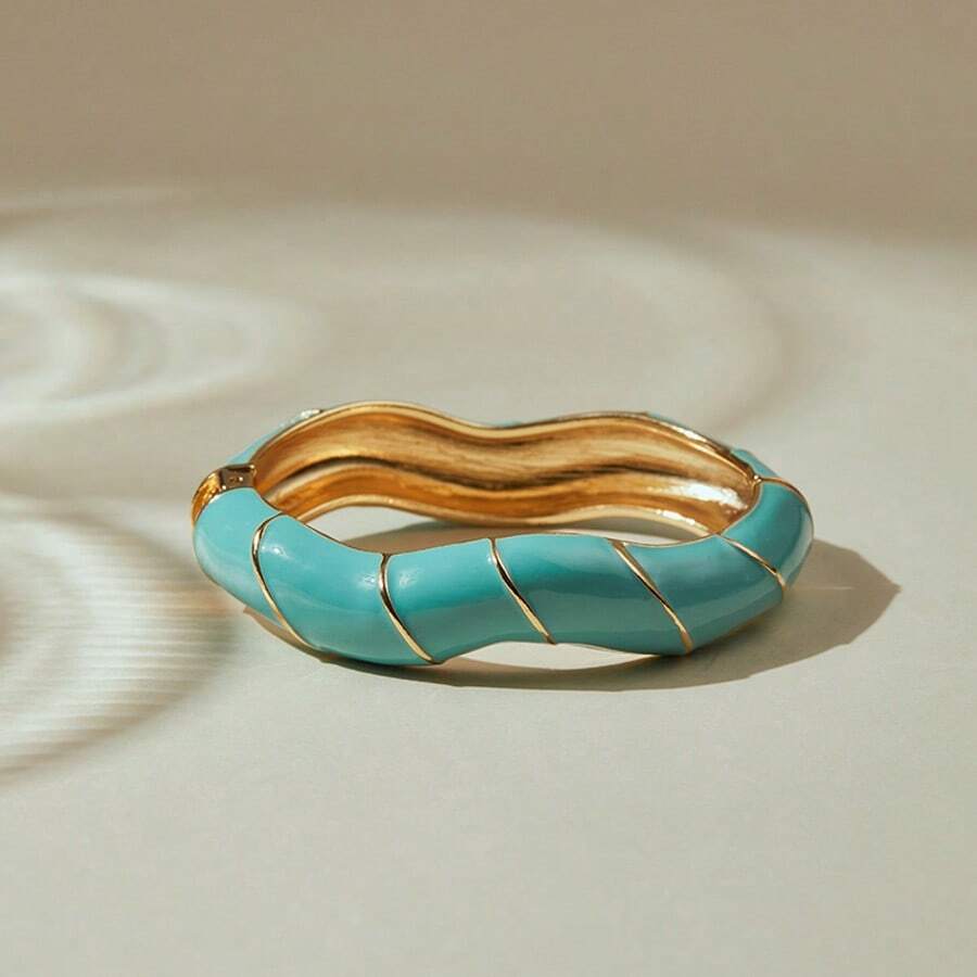 ORNAPEADIA 1pc Women's Gold-Plated Turquoise Enamel Open Bangle Bracelet, Versatile Beach & Daily Wear Accessory, Suitable For Gift
