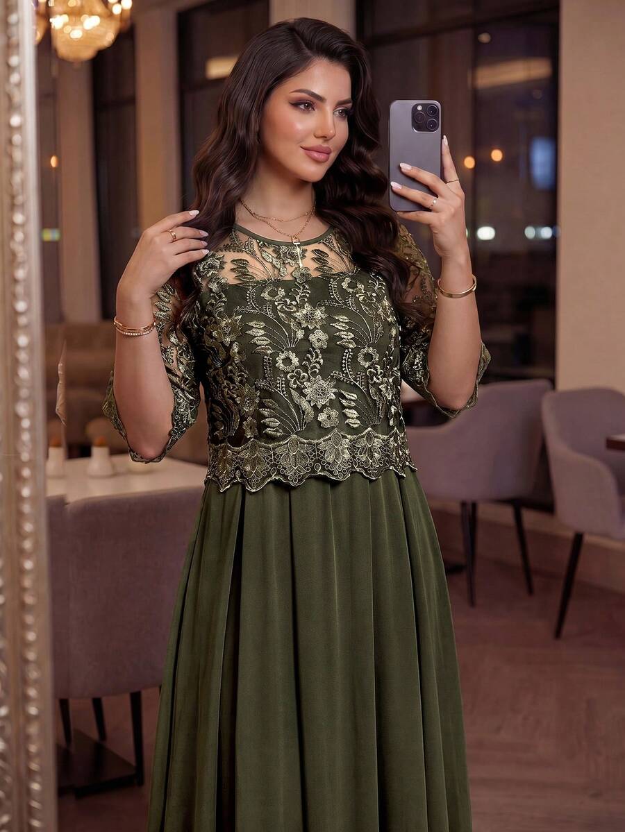 SHEIN Lady Vestido corto de manga corta de encaje verde elegante para mujer - Verde - Ver 1