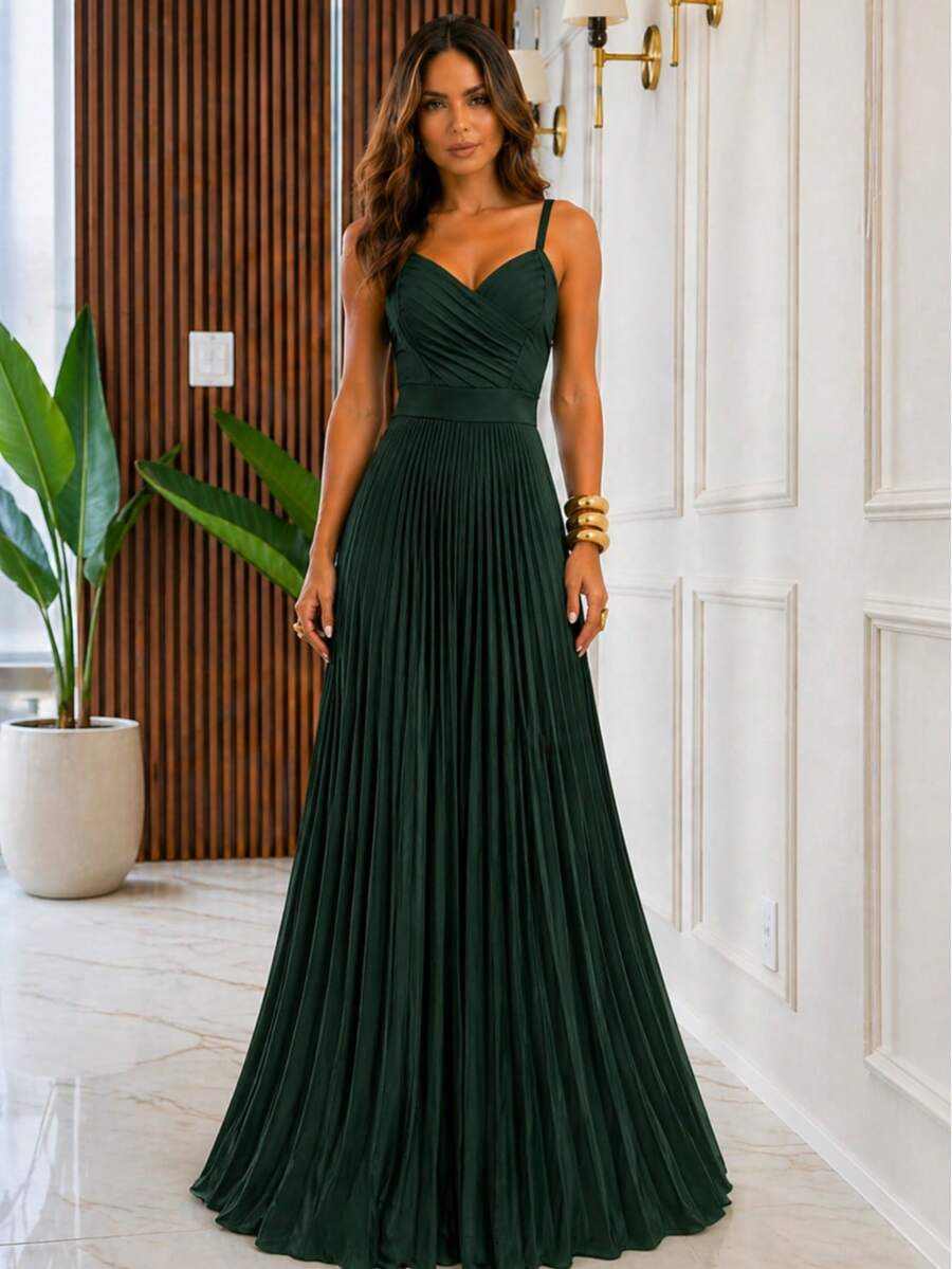 Women's Long Pleated Dress With Crossover Detail At The Bust – Ideal For Special Events Such As Weddings And Graduations - 墨綠色 - 查看 1