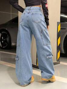 Jeans tipo barrel para mujer con diseño de múltiples bolsillos - Lavado ligero - Ver 5