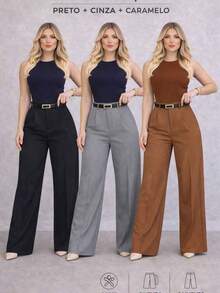 Set Of 3 Women's Tailored Trousers With Belt - 黑灰色焦糖 - 查看 2